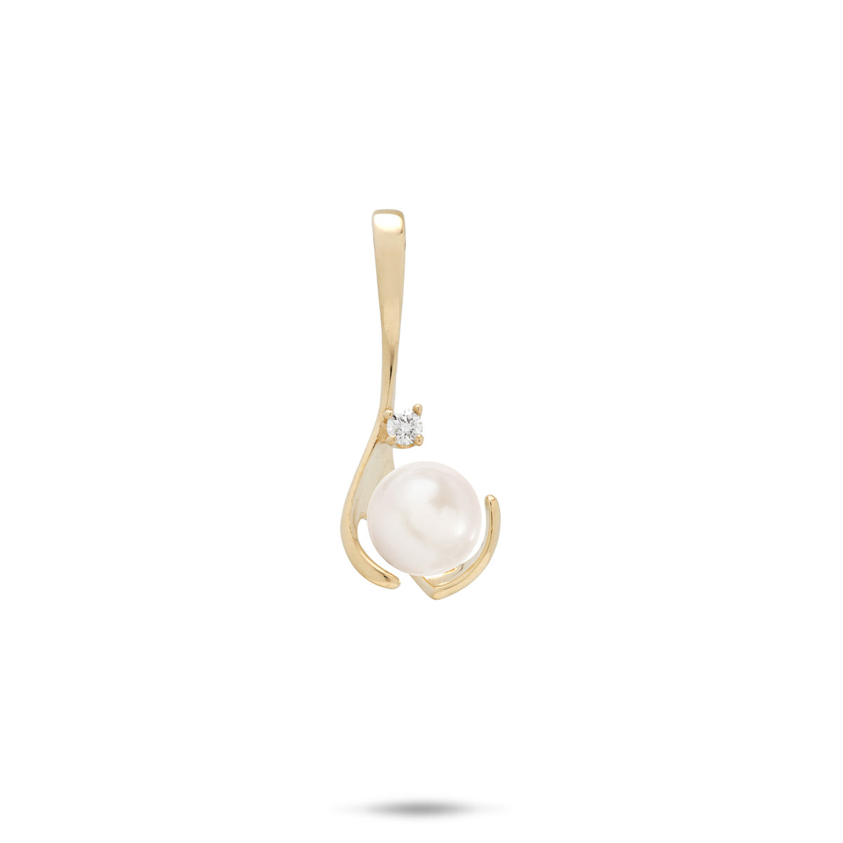 A 14k yellow gold drop pendant with a diamond and white freshwater pearl, shown on a white background