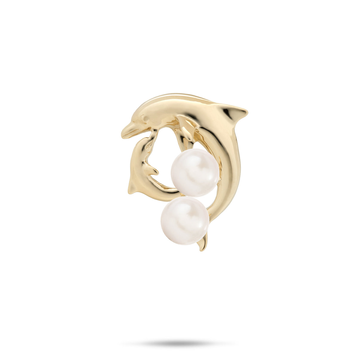 A 14k yellow gold Mother and Baby Dolphin Pendant with two white freshwater pearls, shown against a white background with a soft shadow