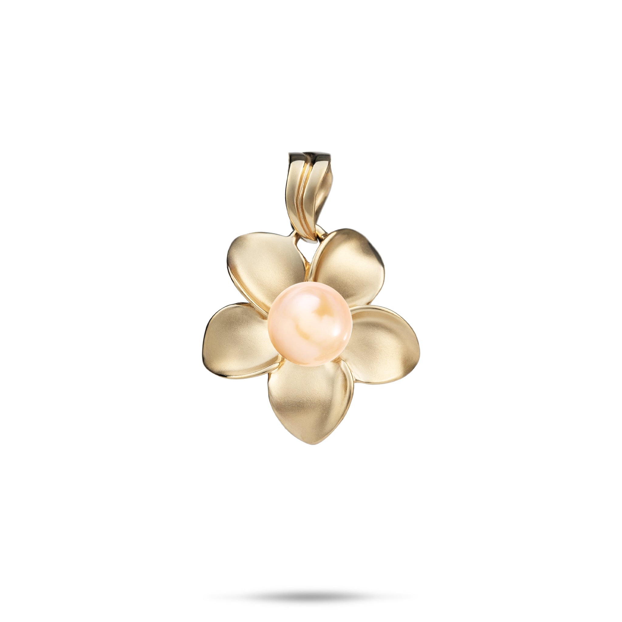 18mm Pick A Pearl Plumeria Pendant in Gold with a Peach Pearl on a white background