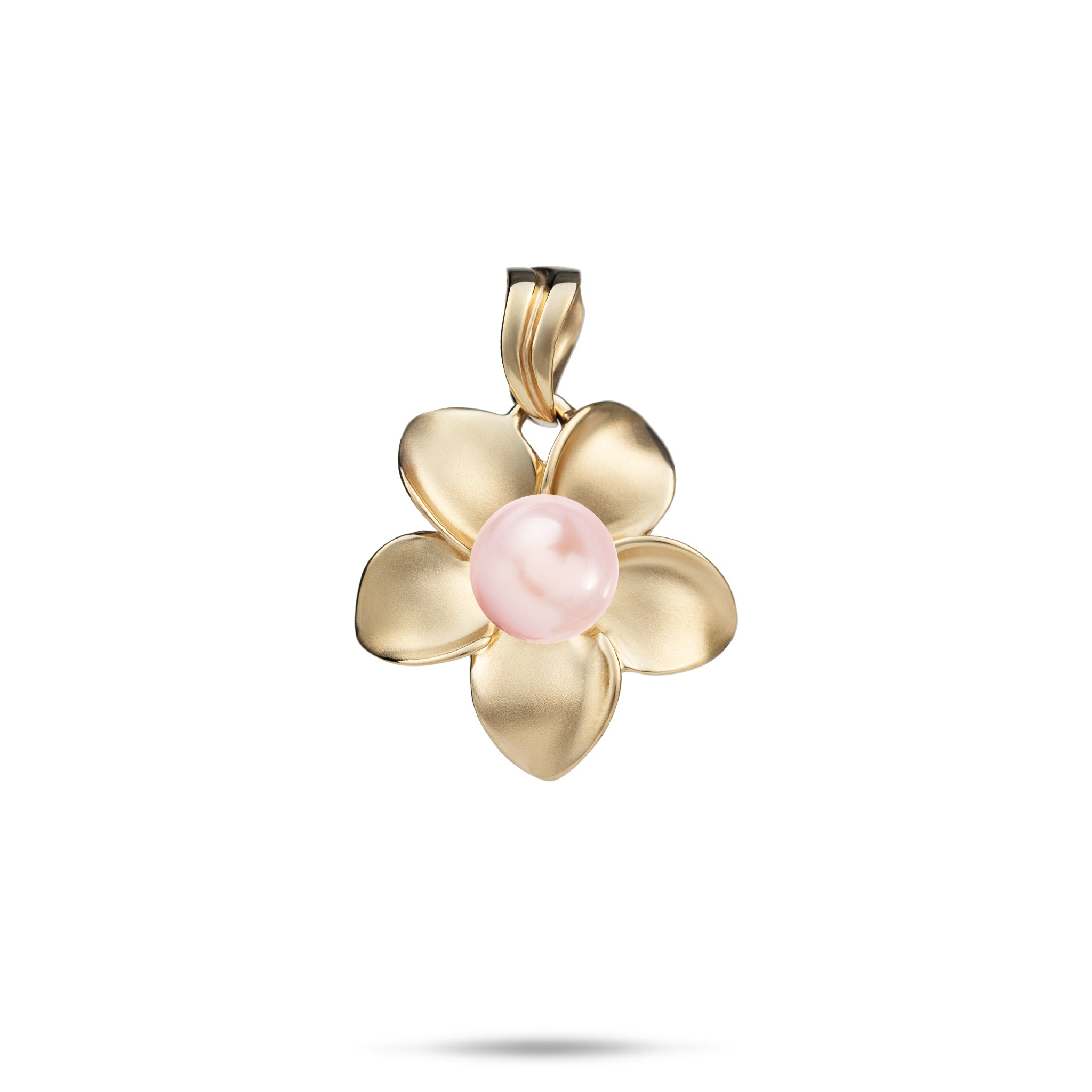 18mm Pick A Pearl Plumeria Pendant in Gold with a Pink Pearl on a white background