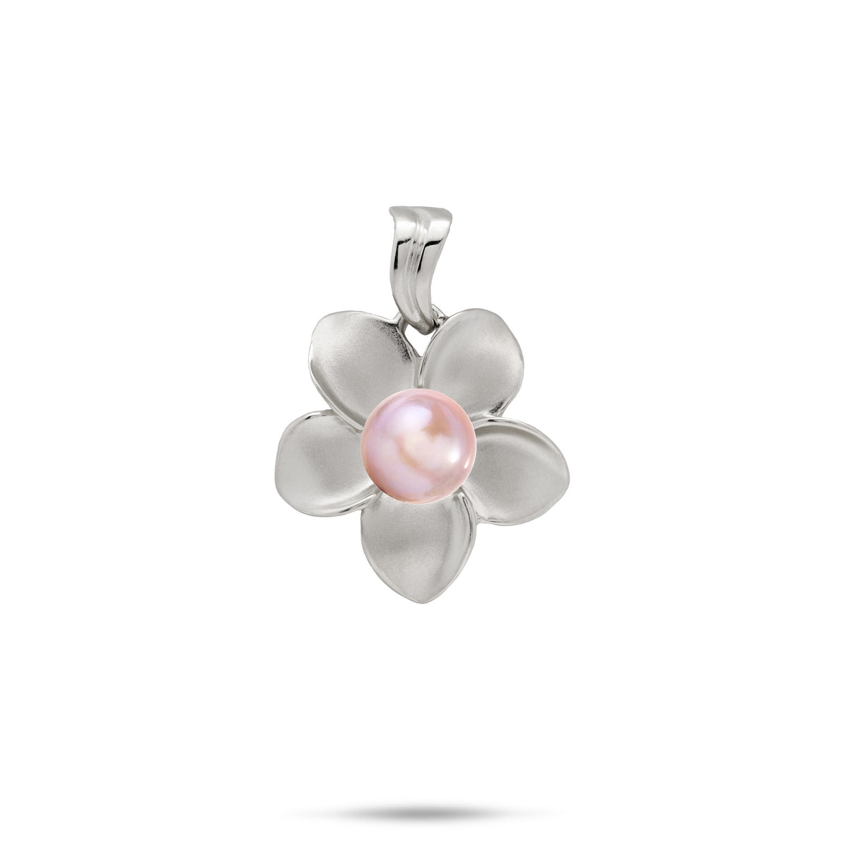 An 18mm 14k white gold plumeria flower pendant with a lavender freshwater pearl at the center and a high-polish wavy bail, shown on a white background