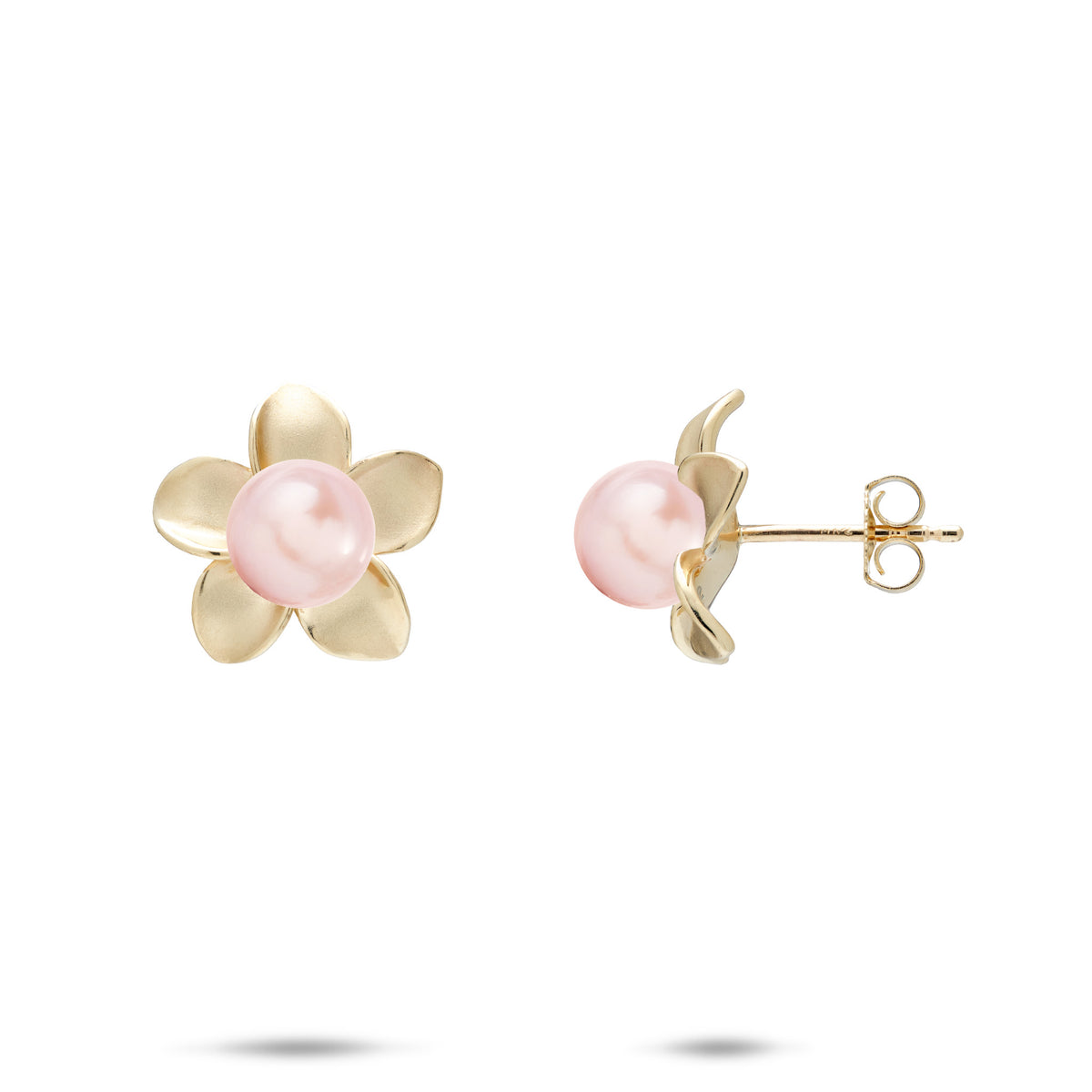 A pair of 13mm 14k yellow gold plumeria flower earrings with a pink freshwater pearl at the center, shown with a front and side view against a white background