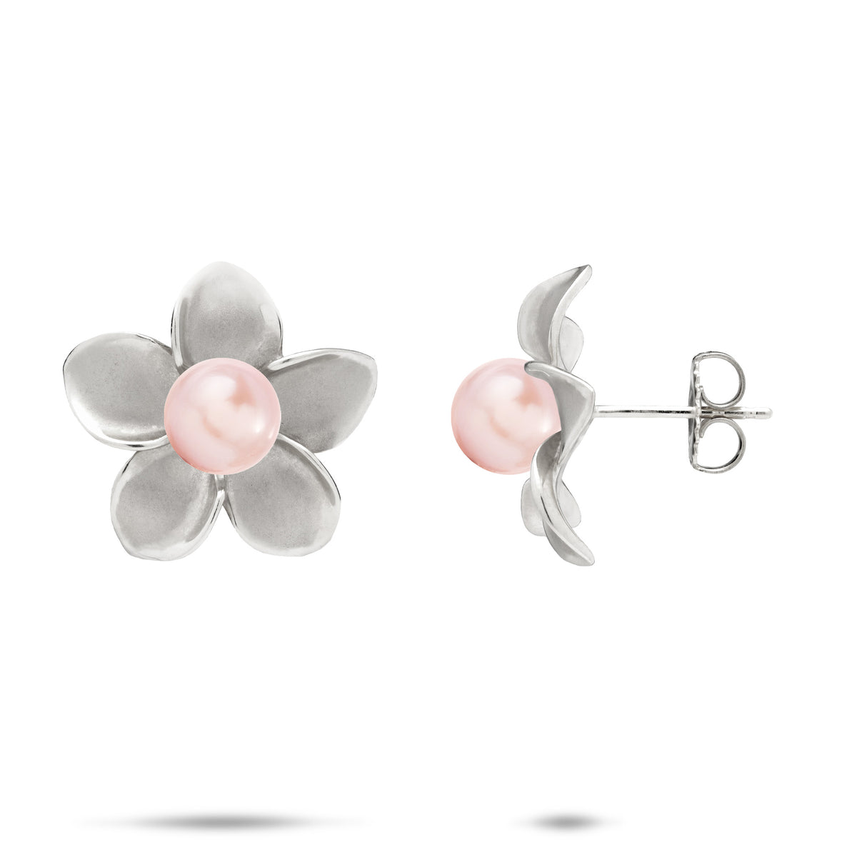 A pair of 18mm 14k white gold plumeria flower stud earrings with pink freshwater pearls, showcasing the front and side view on a white background