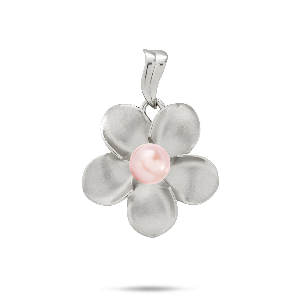A 14k white gold 23mm Plumeria Flower Pendant with a center pink freshwater pearl and wavy high-polish bail, shown against a white background