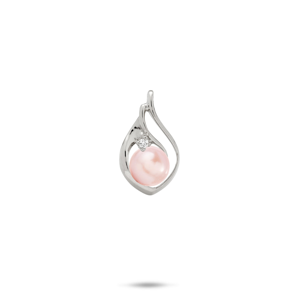 A 14k white gold teardrop shape pendant with a curved cut-out design on the right side, diamond accent, and pink freshwater pearl, shown on a white background with a soft shadow