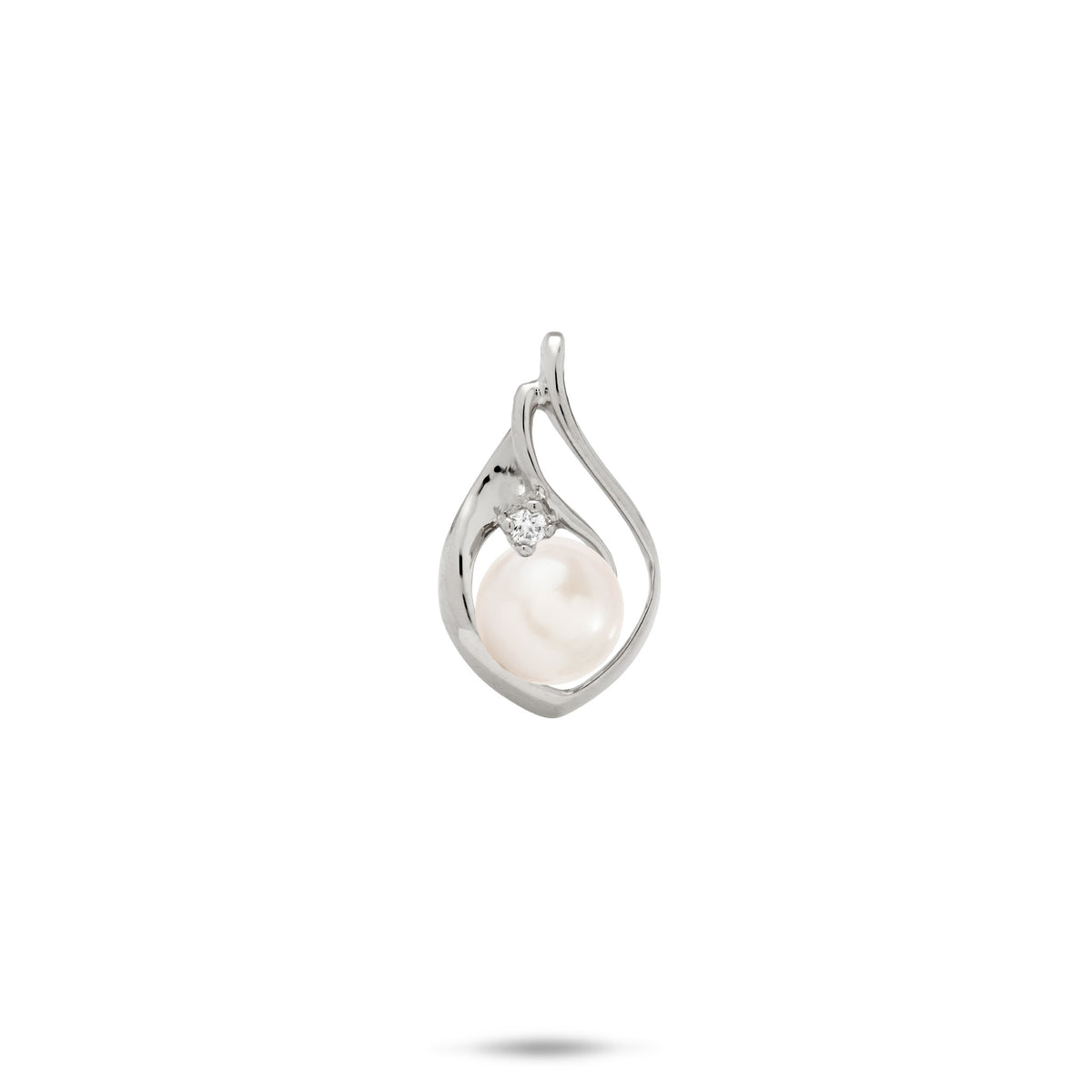 A 14k white gold teardrop shape pendant with a curved cut-out design on the right side, diamond accent, and white freshwater pearl, shown on a white background with a soft shadow