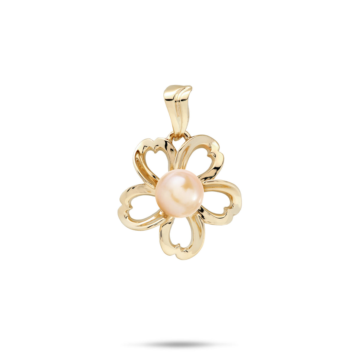 An 18mm high-polish 14k yellow gold plumeria flower-shaped pendant with cut-out heart shape metals featuring a central peach freshwater pearl, shown against a plain white background with a soft shadow underneath