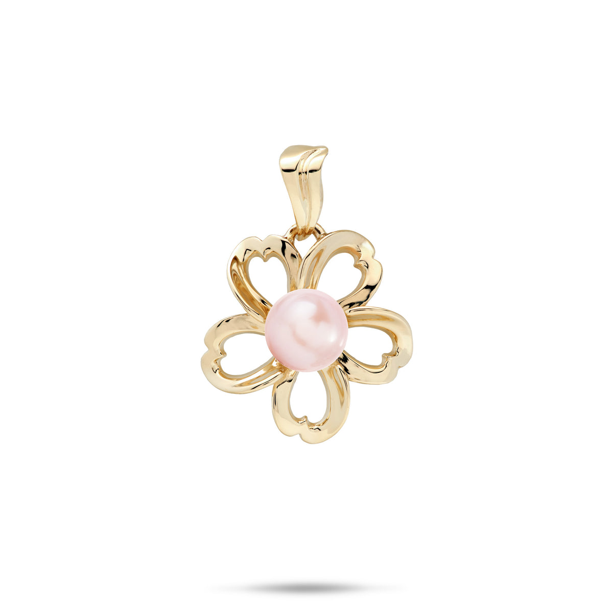 An 18mm high-polish 14k yellow gold plumeria flower-shaped pendant with cut-out heart shape metals featuring a central pink freshwater pearl, shown against a plain white background with a soft shadow underneath