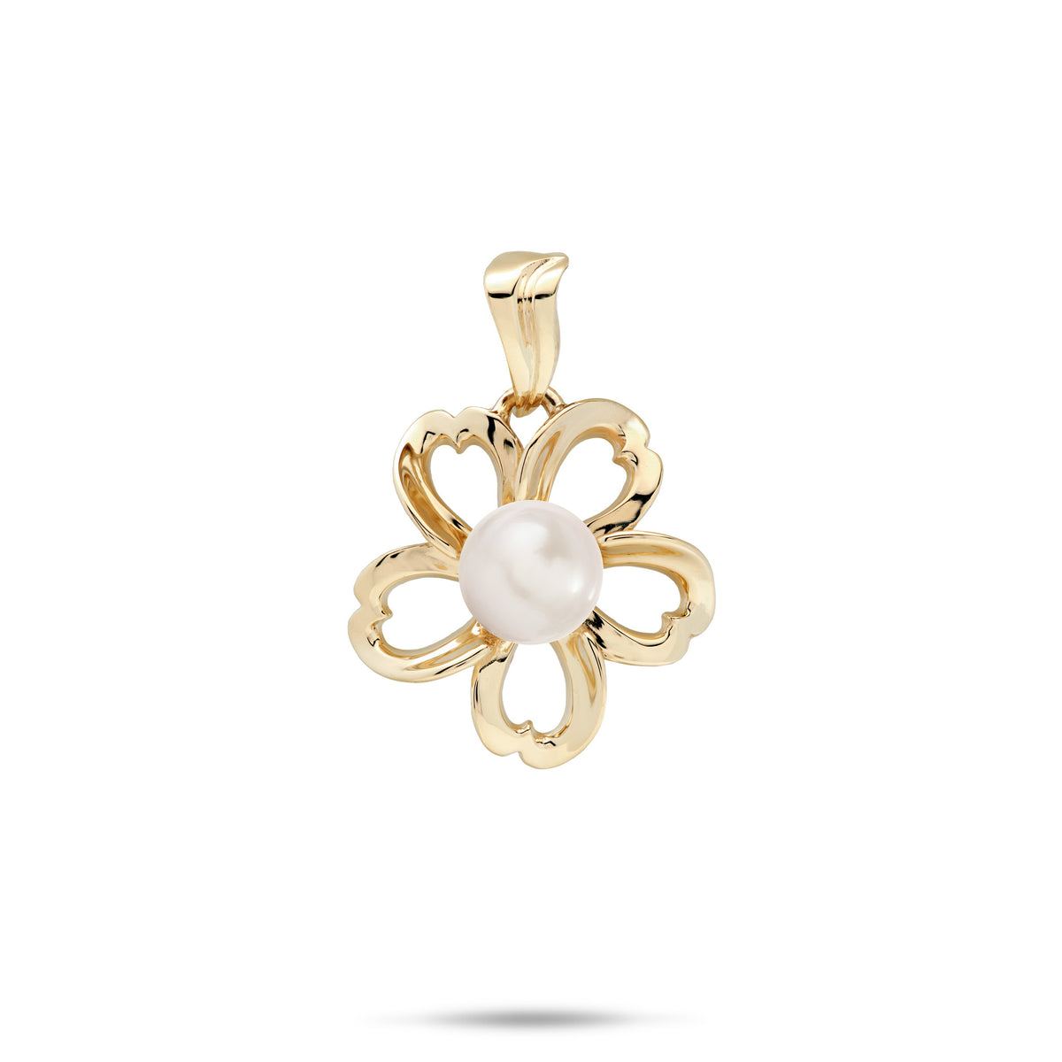 An 18mm high-polish 14k yellow gold plumeria flower-shaped pendant with cut-out heart shape metals featuring a central white freshwater pearl, shown against a plain white background with a soft shadow underneath