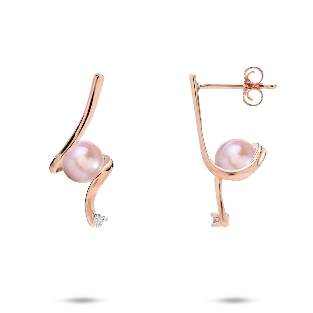 A pair of 14k rose gold waterfall spiral style stud earrings wrapping a lavender freshwater pearl and a diamond at the bottom, shown on a white background