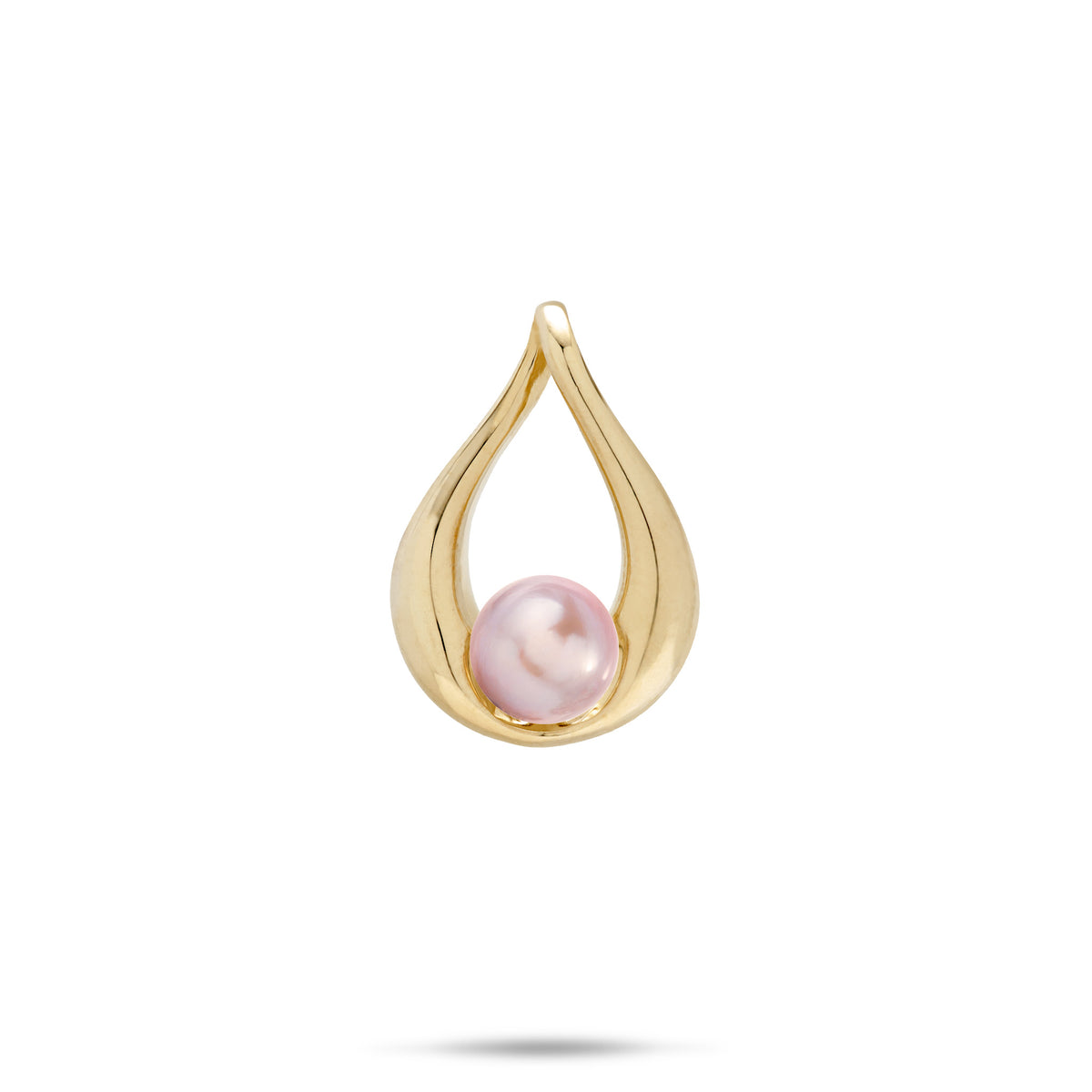 A 14k yellow gold teardrop pendant with lavender freshwater pearl at the bottom, shown on a white background