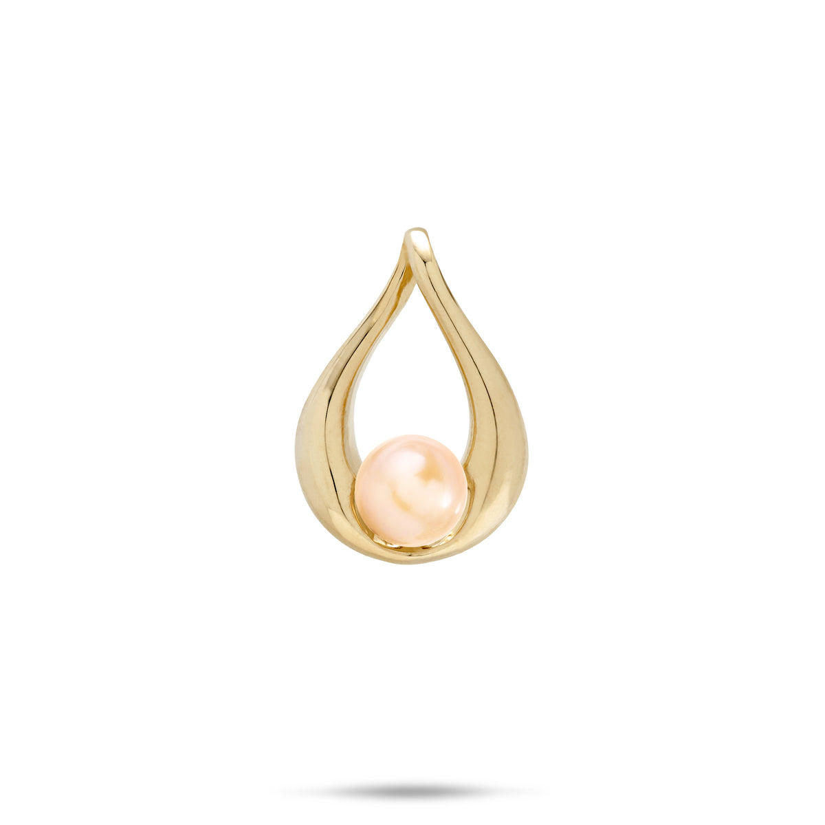 A 14k yellow gold teardrop pendant with peach freshwater pearl at the bottom, shown on a white background