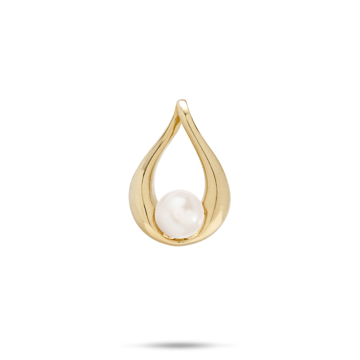 A 14k yellow gold teardrop pendant with white freshwater pearl at the bottom, shown on a white background