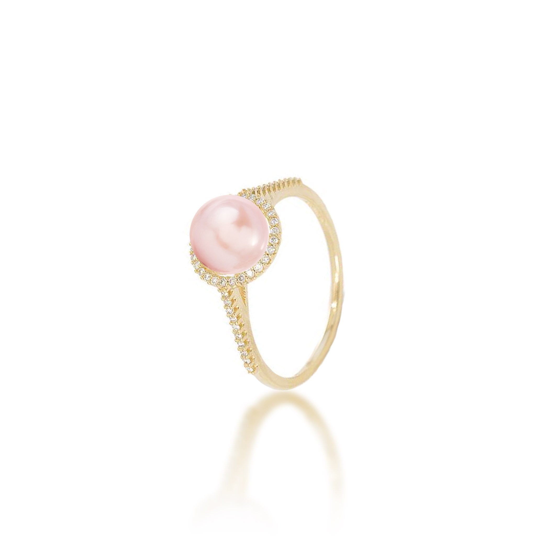 Pick A Pearl Halo Ring in Gold with Diamonds and Pink Pearl on a white background