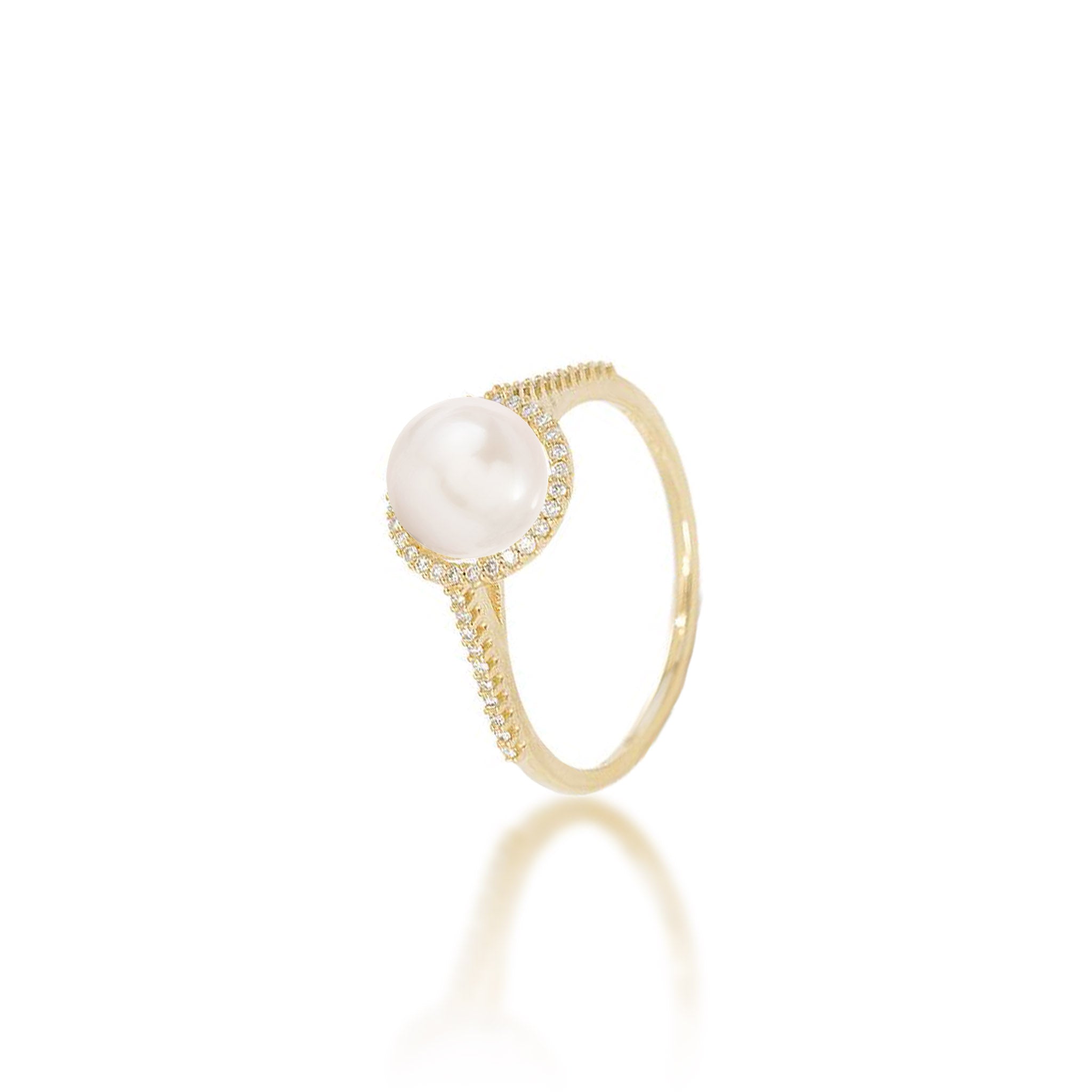 Pick A Pearl Halo Ring in Gold with Diamonds and White Pearl on a white background