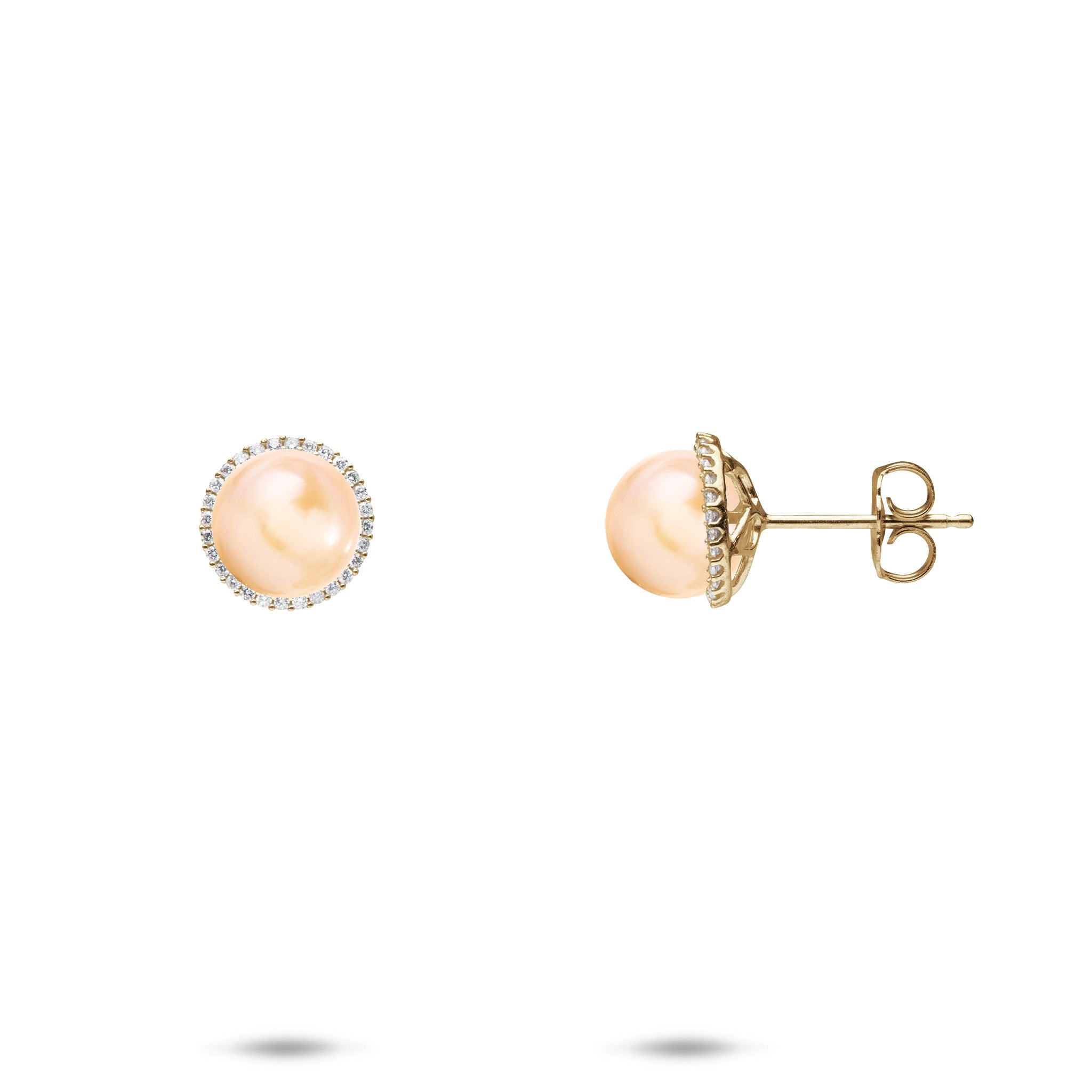 Pick A Pearl Halo Earrings in Gold with Diamonds and Peach Pearls on a white background