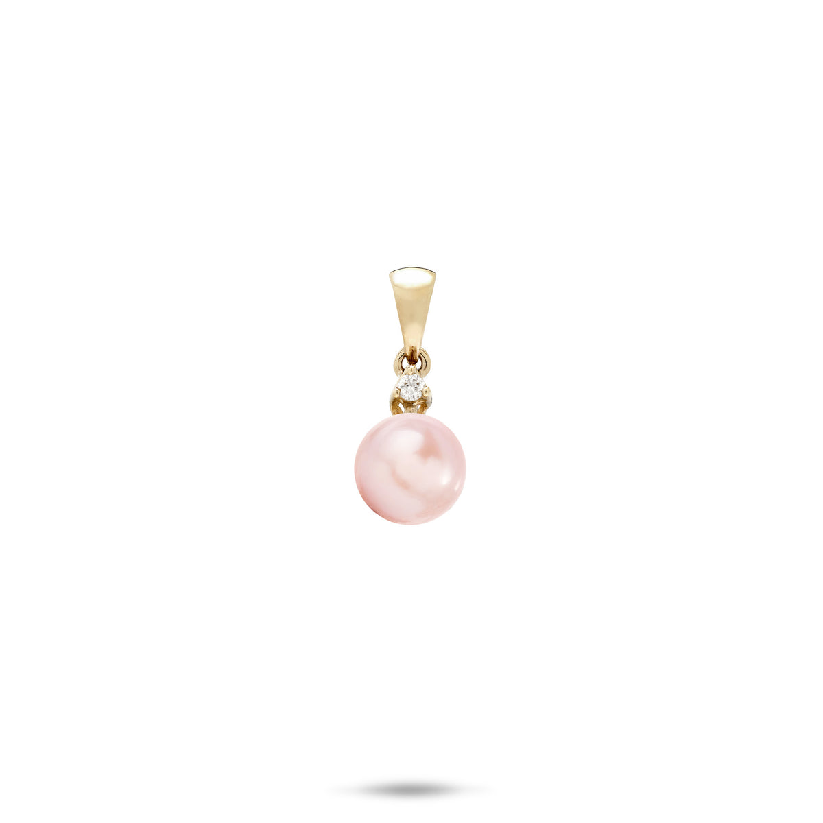 A simple 14k yellow gold pendant with a high-polish bail, dangling single diamond, and a pink freshwater pearl, shown on a white background