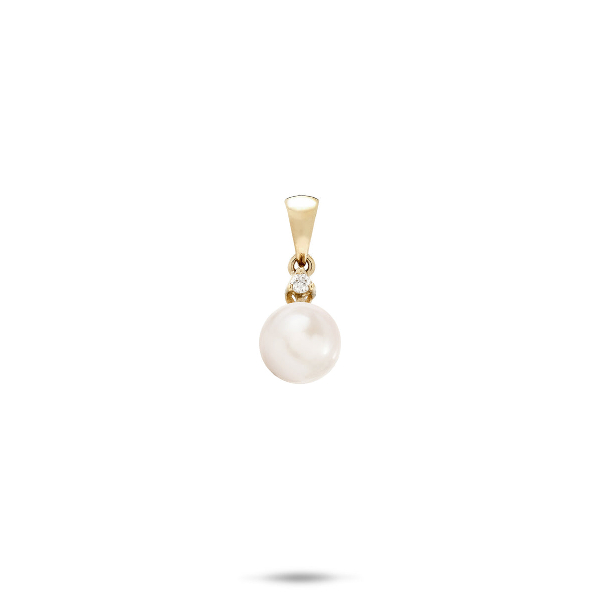 A simple 14k yellow gold pendant with a high-polish bail, dangling single diamond, and a white freshwater pearl, shown on a white background