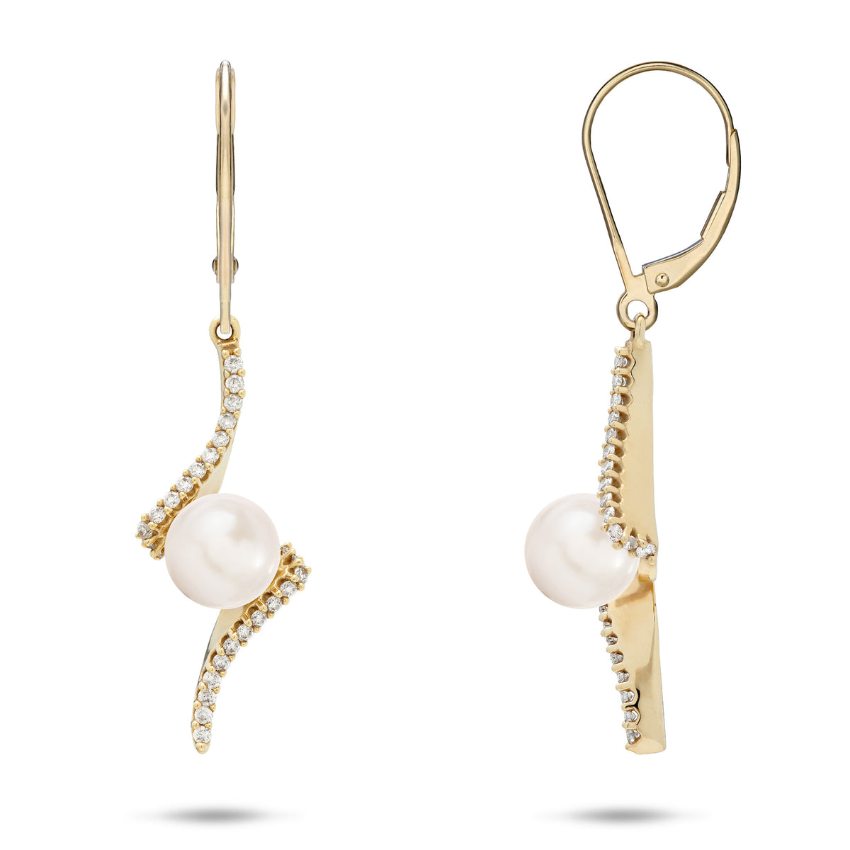 A pair of 14k yellow gold leverback earrings with a dangling white freshwater pearl and a left curving row of diamonds coming from the top and right curving diamonds on the bottom, shown with a front and side facing view against a white background