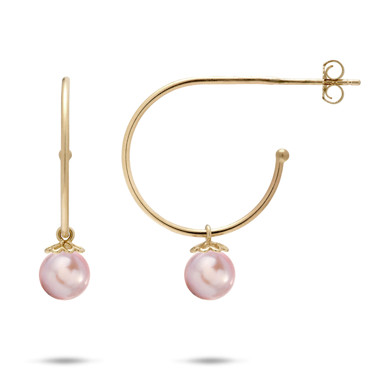 Pick A Pearl open Hoop Earrings in Gold with Lavender Pearls dangling from cutout flower pearl caps on a white background