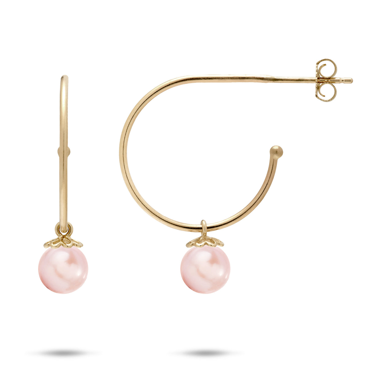 Pick A Pearl open Hoop Earrings in Gold with Pink Pearls dangling from cutout flower pearl caps on a white background