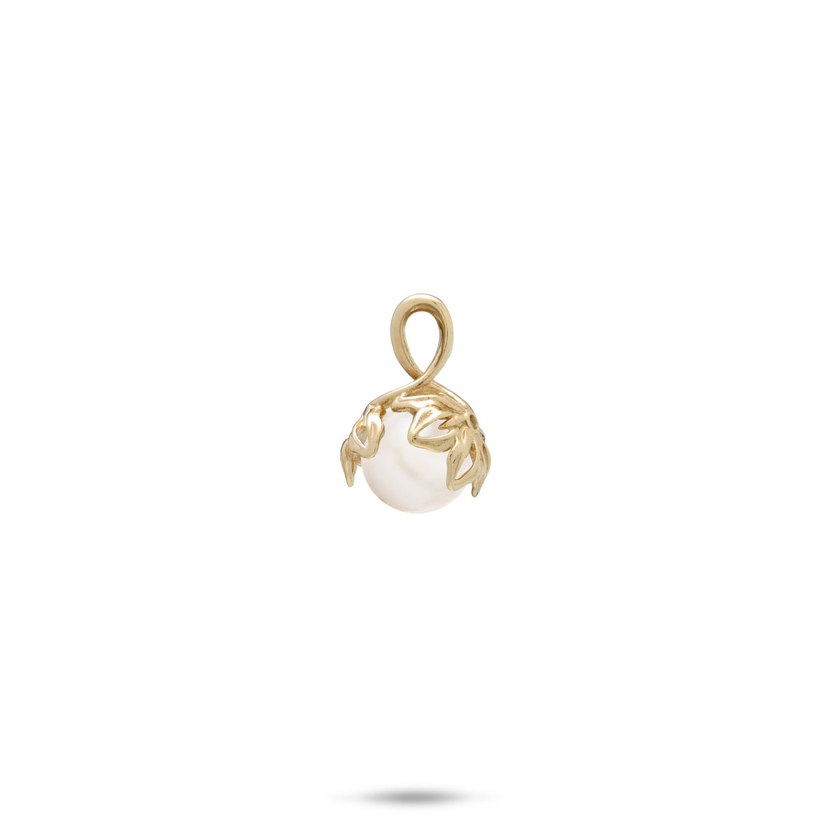 Backside view of a a 14k yellow gold pendant cut-out naupaka flowers and a white freshwater pearl at the center, shown on a white background