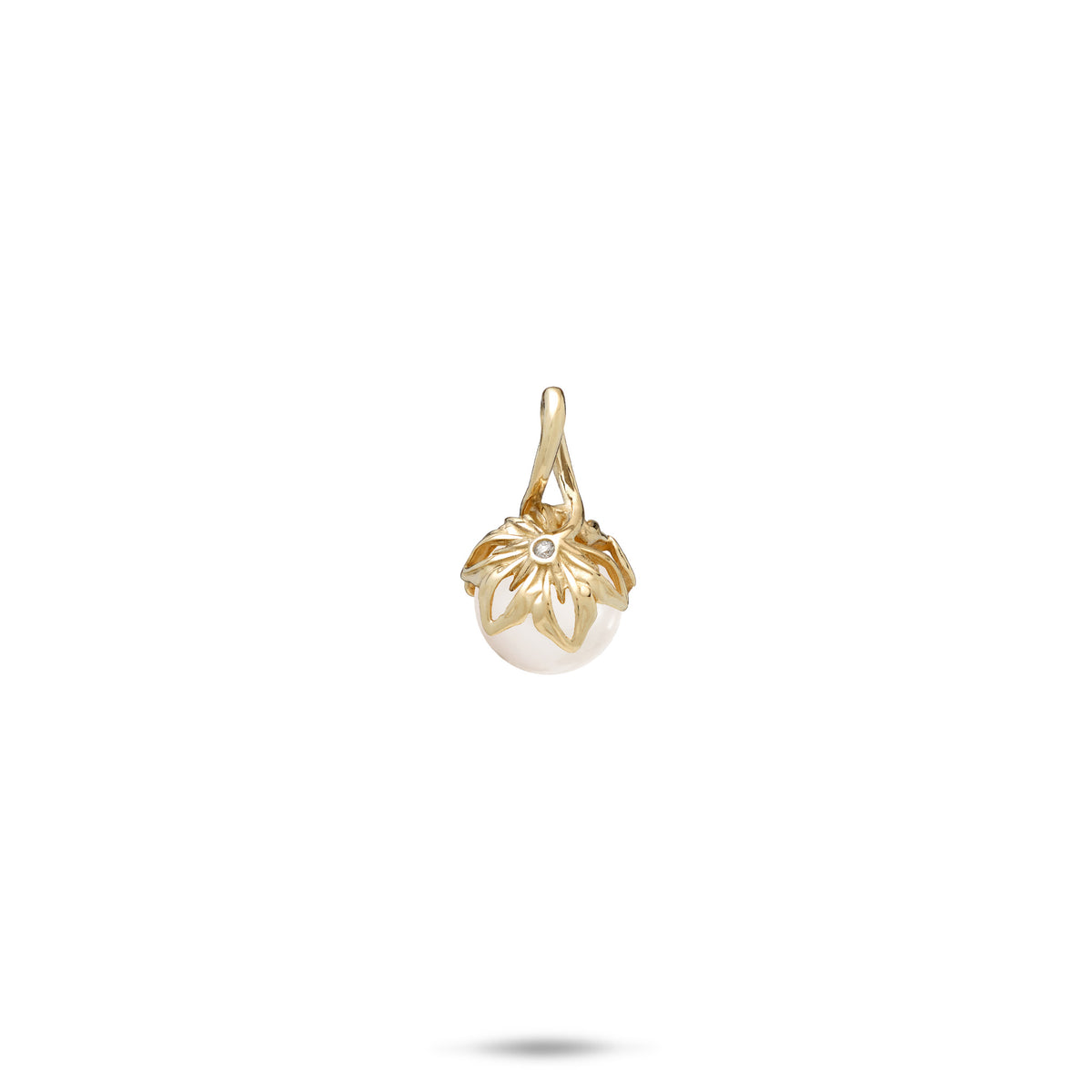 A 14k yellow gold cut-out naupaka flower pendant with a diamond accent and white freshwater pearl, shown on a white background