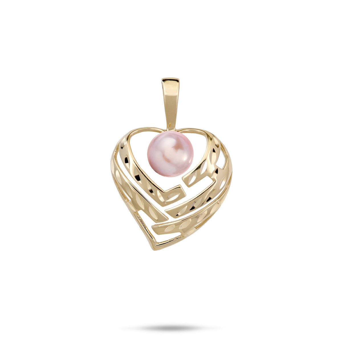 A 14k yellow gold diamond-cut heart pendant with cut-out letters and a white freshwater pearl that spell 'Aloha', shown on a white background