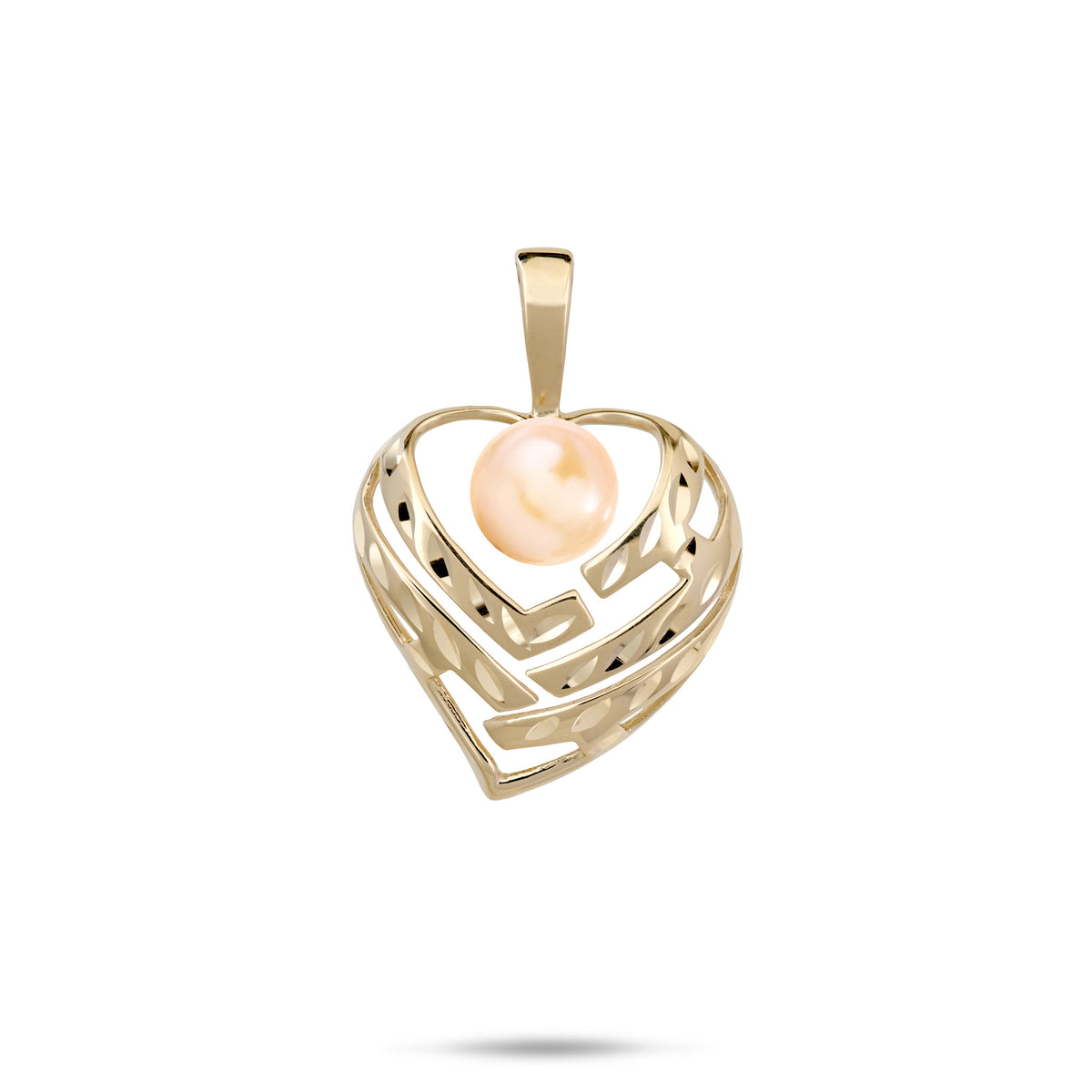 A 14k yellow gold diamond-cut heart pendant with cut-out letters and a peach freshwater pearl that spell 'Aloha', shown on a white background