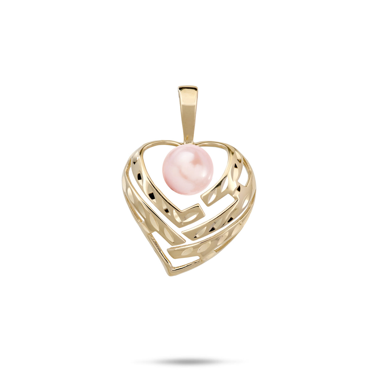 A 14k yellow gold diamond-cut heart pendant with cut-out letters and a pink freshwater pearl that spell 'Aloha', shown on a white background