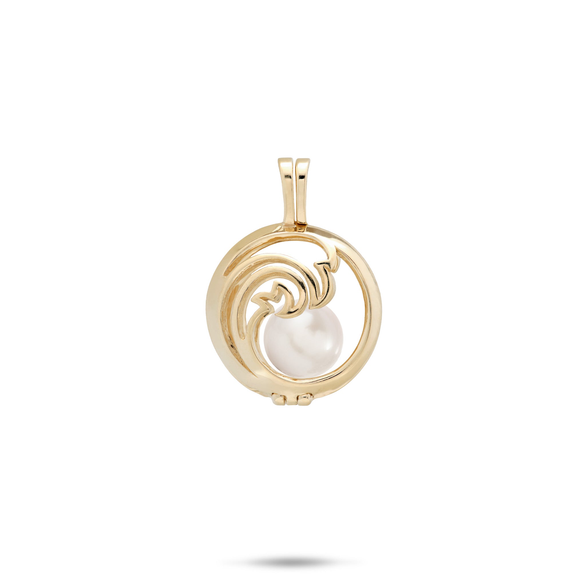 Pick A Pearl Nalu Cage Pendant in 14k Yellow Gold with a White Freshwater Pearl on a white background
