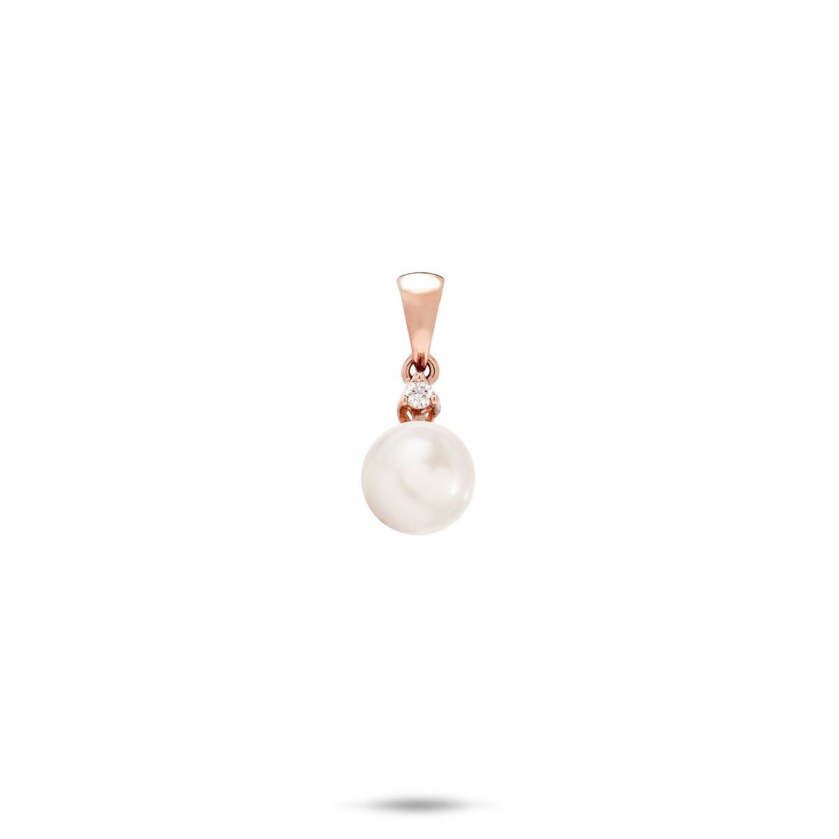 A simple 14k rose gold pendant with a white freshwater pearl and diamond above it and a high-polish bail, shown on a white background