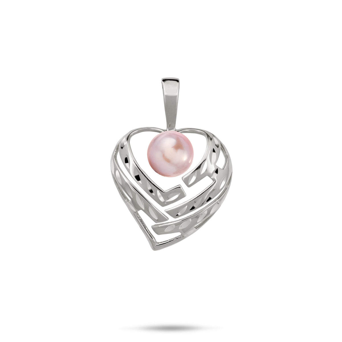 A 14k white gold diamond-cut heart pendant with cut-out letters and a lavender freshwater pearl that spell 'Aloha', shown on a white background