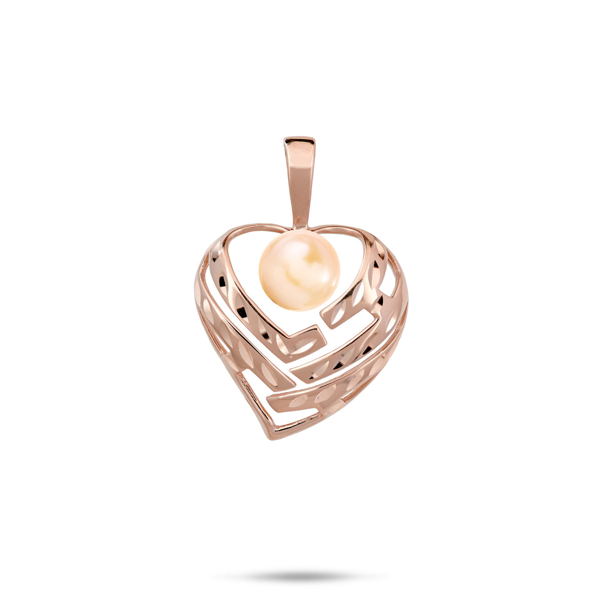 A 14k rose gold diamond-cut heart pendant with cut-out letters and a peach freshwater pearl that spell 'Aloha', shown on a white background