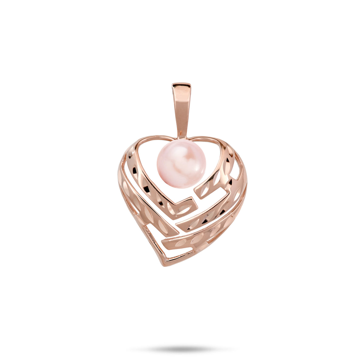 A 14k rose gold diamond-cut heart pendant with cut-out letters and a pink freshwater pearl that spell 'Aloha', shown on a white background