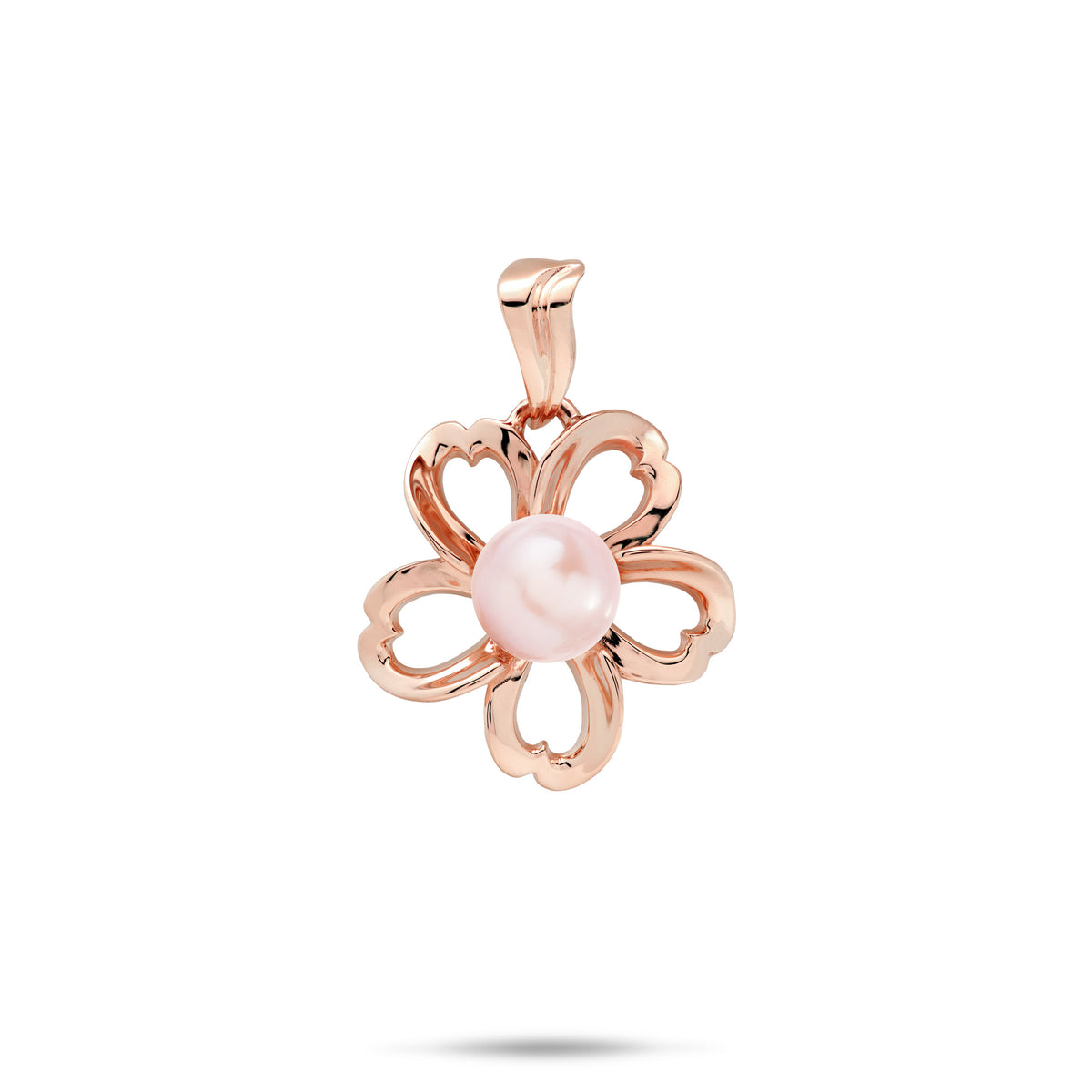 An 18mm high-polish 14k rose gold plumeria flower-shaped pendant with cut-out heart shape metals featuring a central pink freshwater pearl, shown against a plain white background with a soft shadow underneath