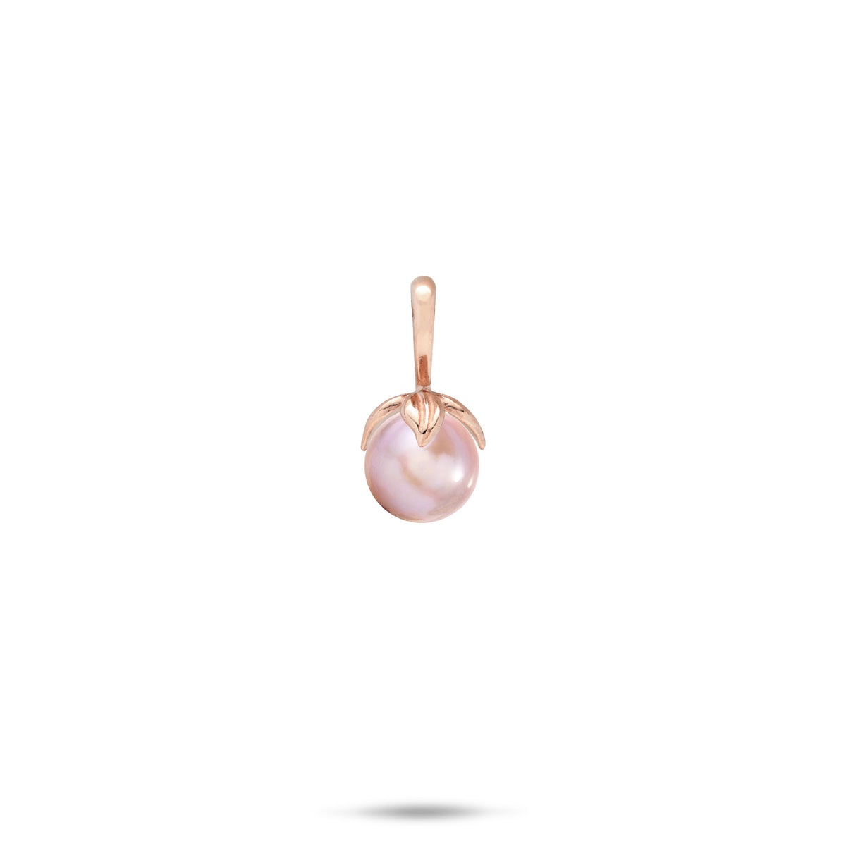 14k Rose Gold Pendant with a high-polish bail and maile leaves wrapping a lavender freshwater pearl on a white background