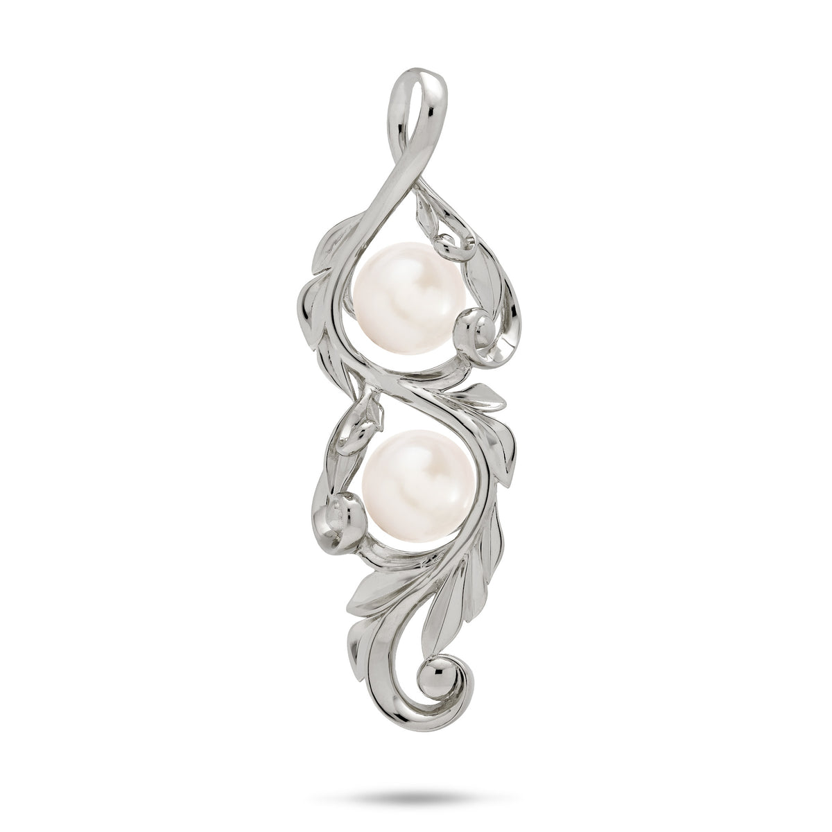 41mm Pick A Pearl Maile Scroll Pendant Mounting in 14k White Gold with Double White Pearls on a white background