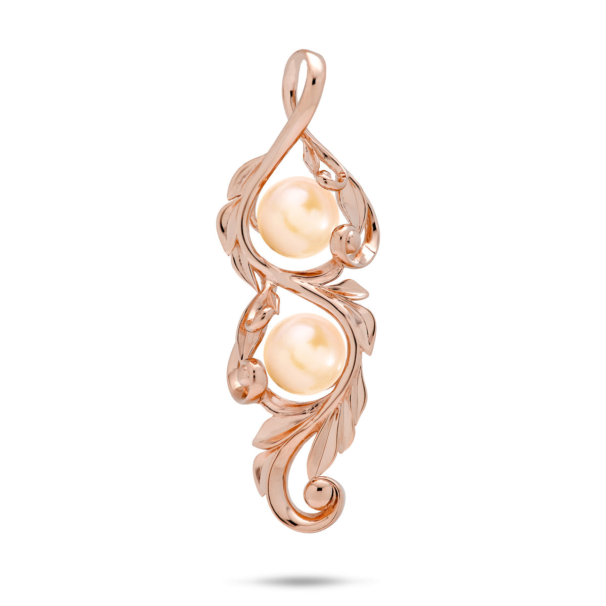 41mm Pick A Pearl Maile Scroll Pendant in 14k Rose Gold with Double Peach Pearls on a white background