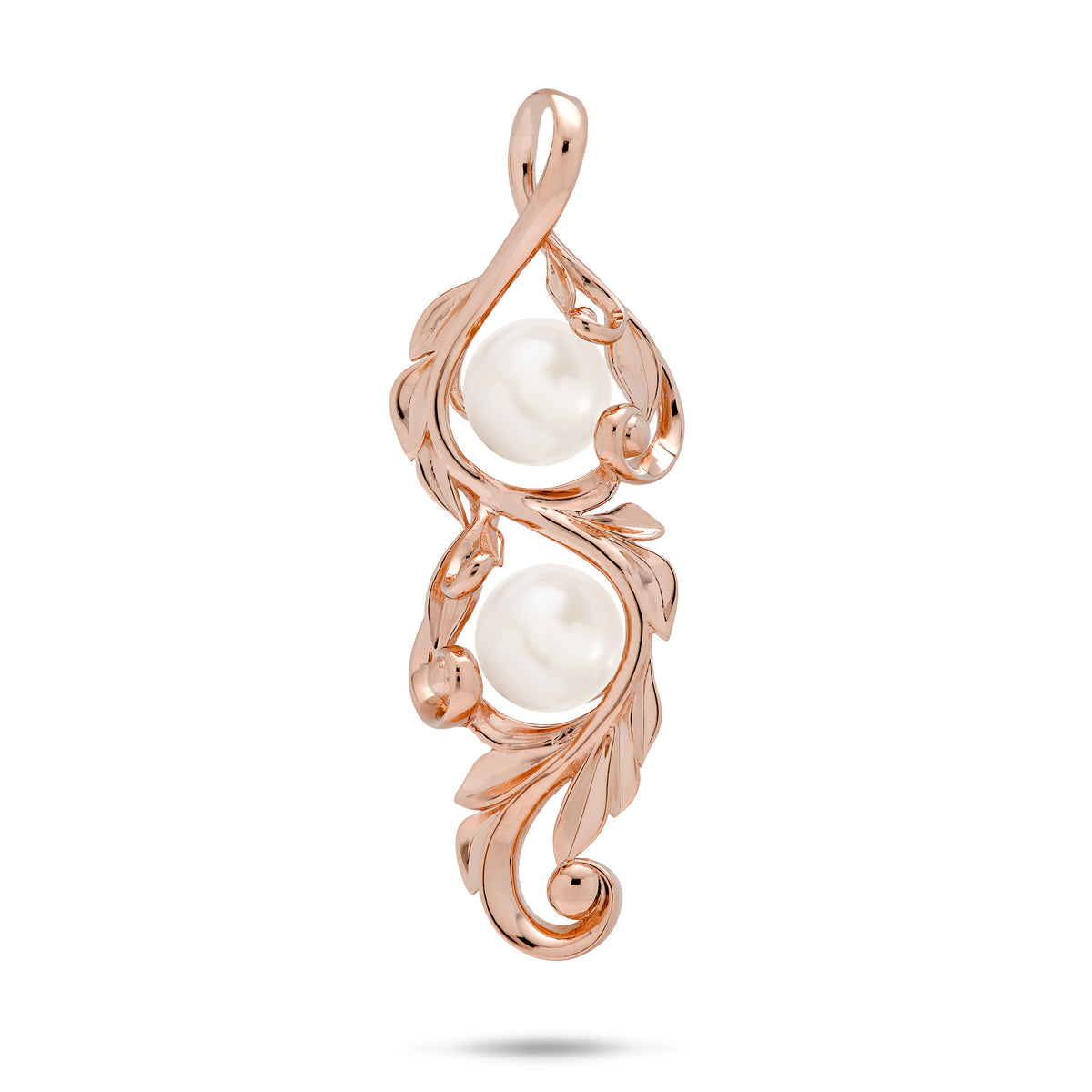 41mm Pick A Pearl Maile Scroll Pendant in 14k Rose Gold with Double White Pearls on a white background
