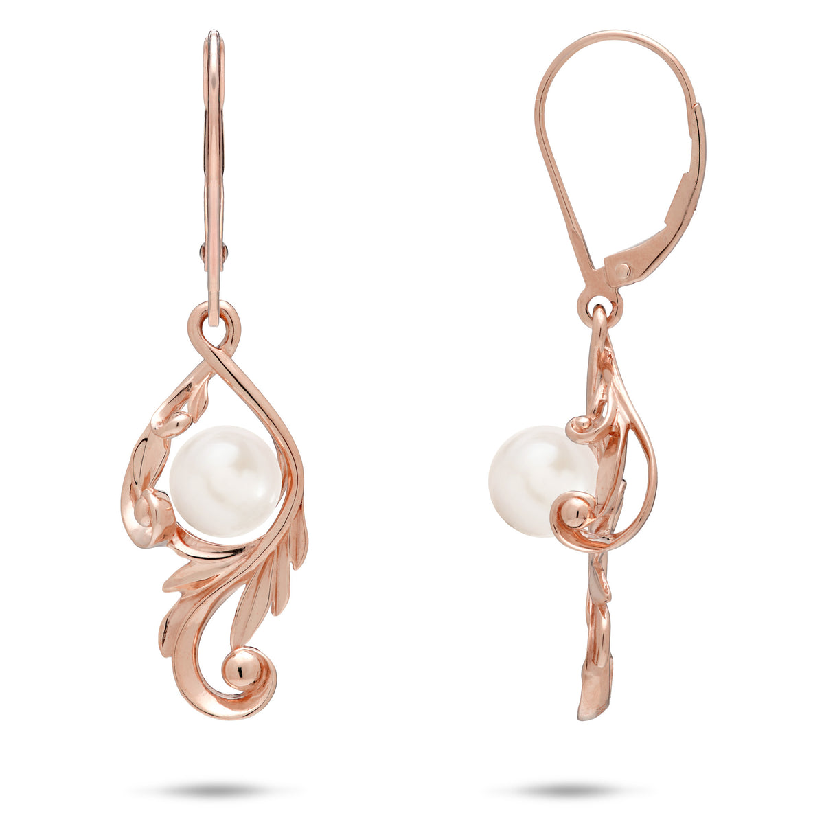 A pair of 14k rose gold Living Heirloom Collection Earrings with a white freshwater pearl and intricate maile leaf and fern scrollwork around it, shown with a front and side view on a white background