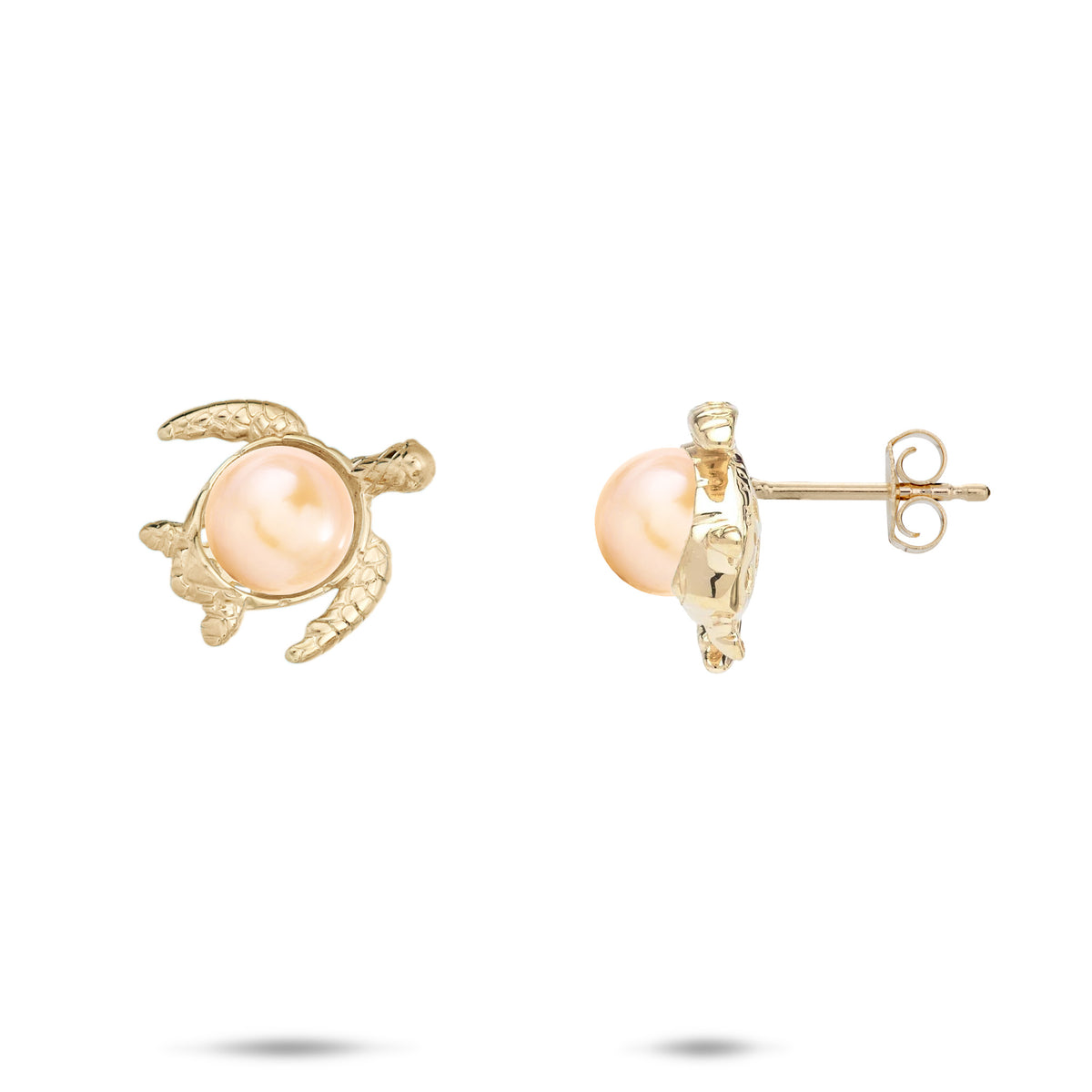 13mm Pick A Pearl Honu Earrings in 14k yellow Gold with Peach Pearls on a white background