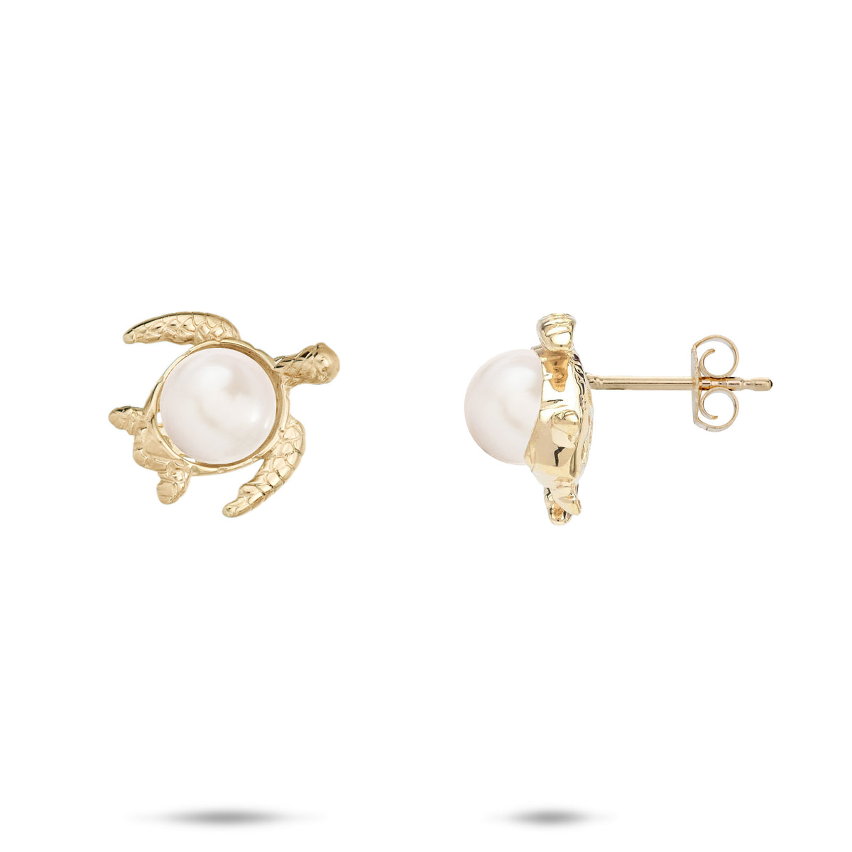 13mm Pick A Pearl Honu Earrings in 14k yellow Gold with White Pearls on a white background