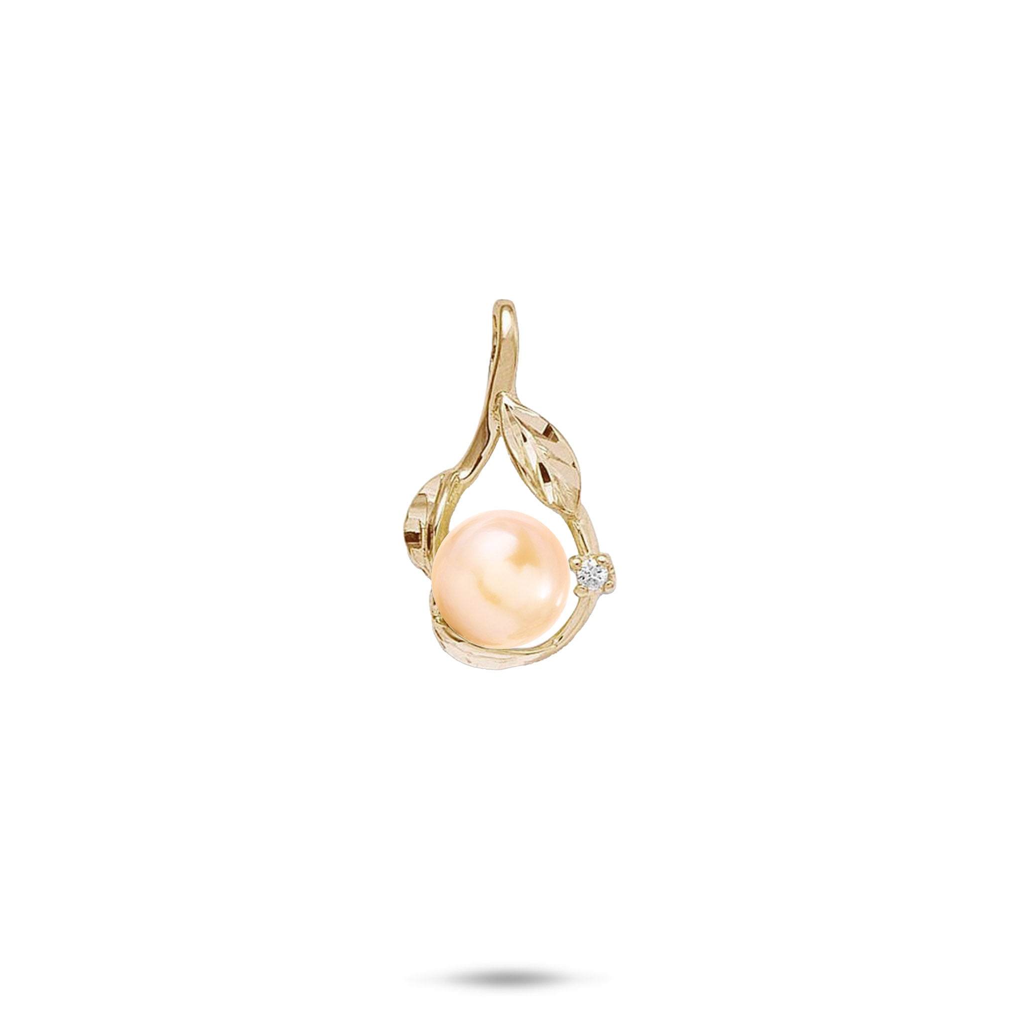 20mm Pick A Pearl Maile Pendant in Gold with Diamond with a Peach Pearl on a white background