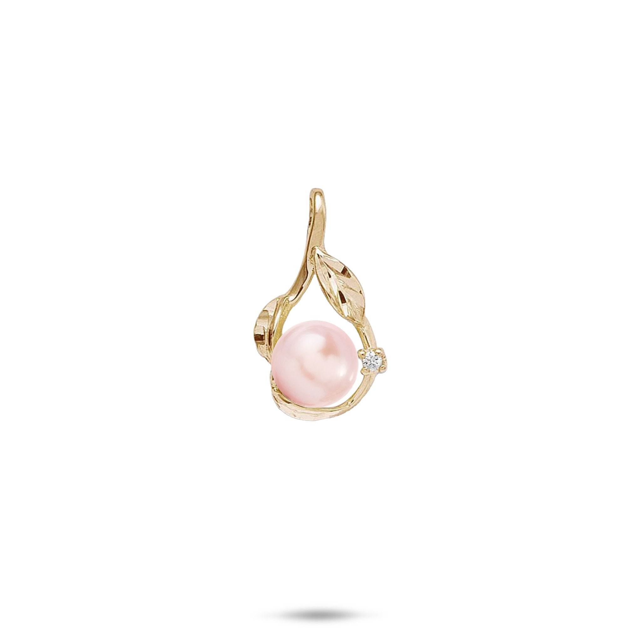 20mm Pick A Pearl Maile Pendant in Gold with Diamond with a Pink Pearl on a white background
