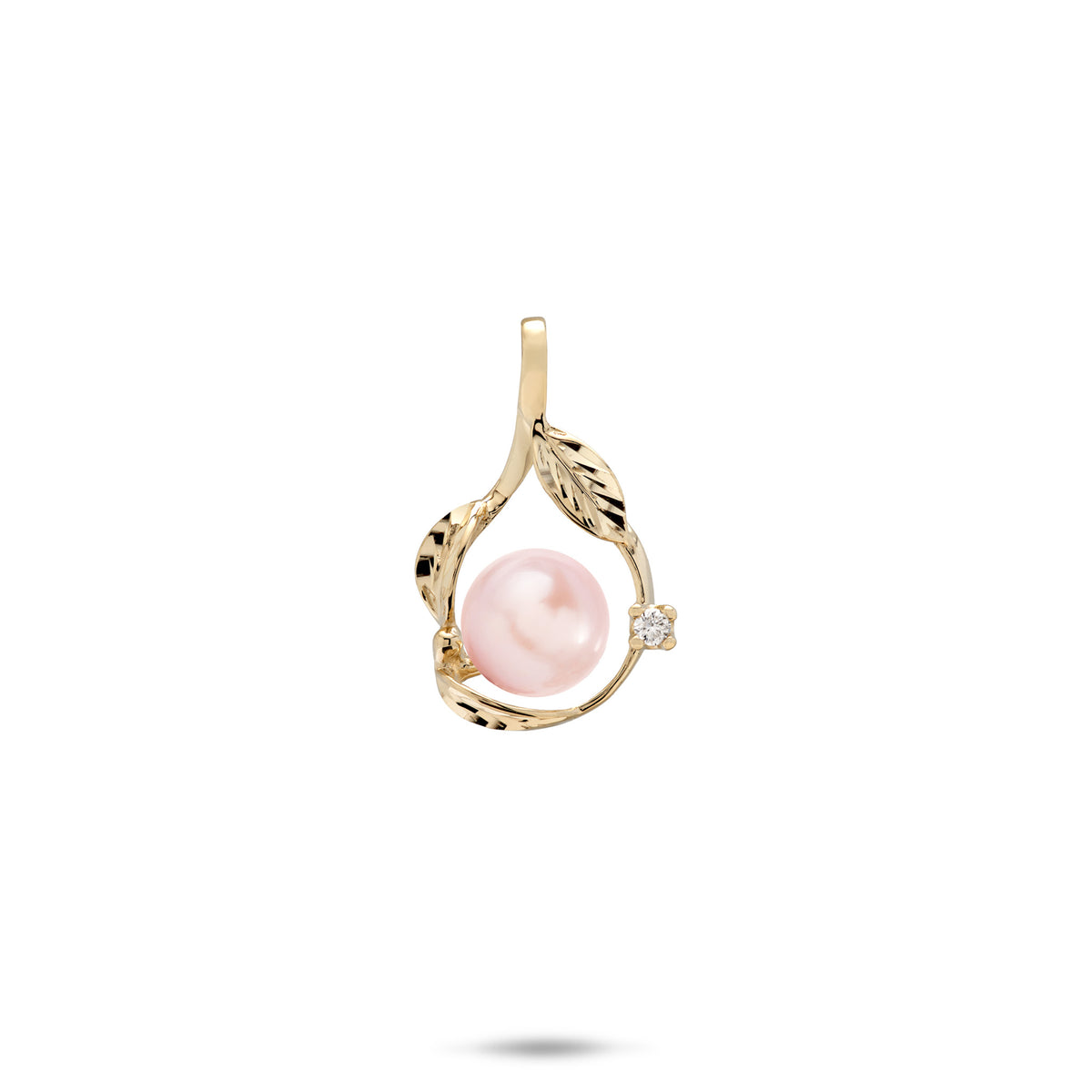 20mm Pick A Pearl Maile Pendant in 14k Yellow Gold with Diamond with a Pink Pearl on a white background