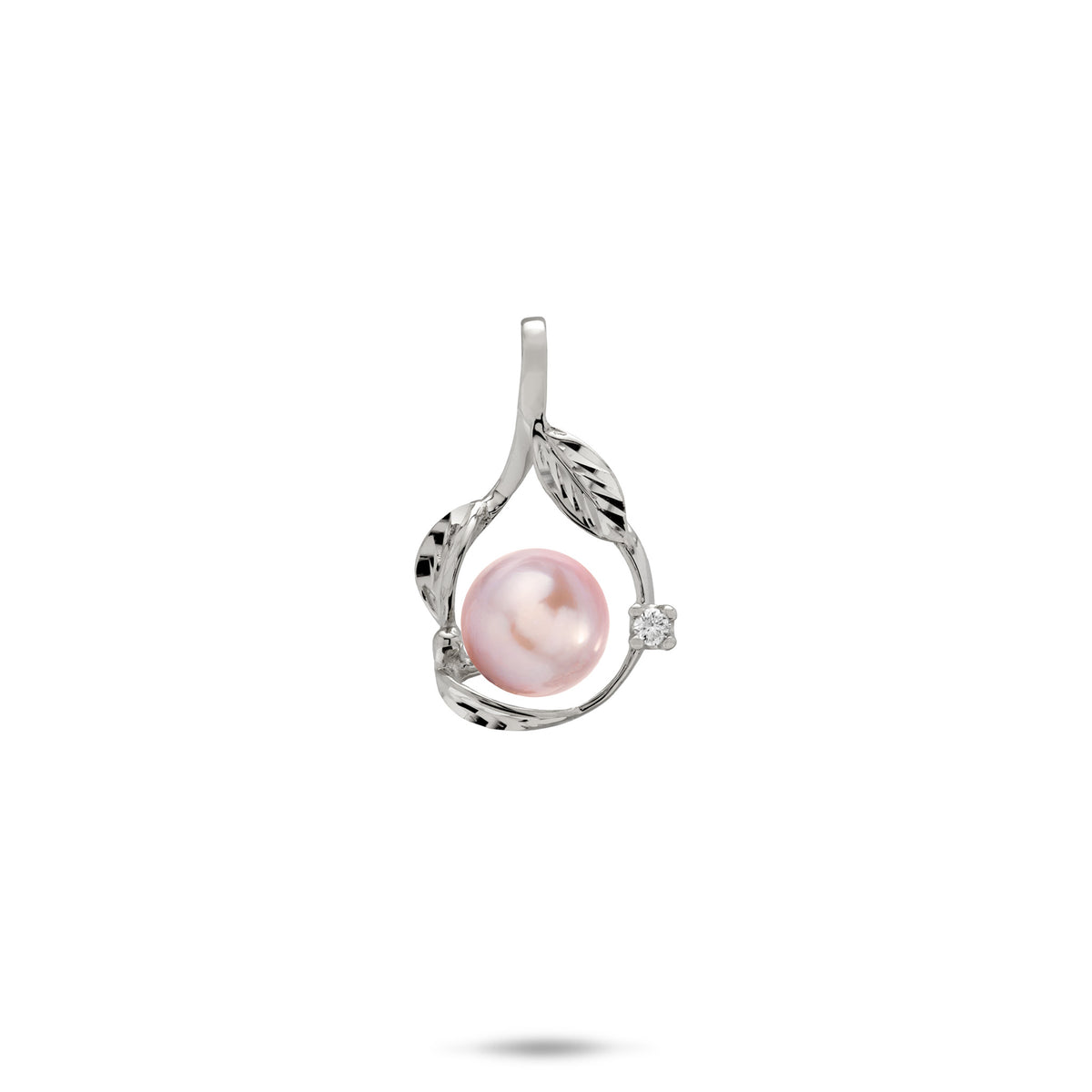20mm Pick A Pearl Maile Pendant in White Gold with Diamond and Lavender Pearl on a white background