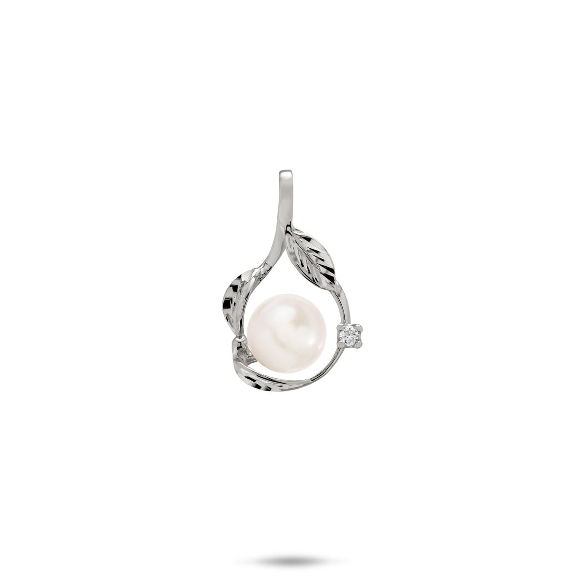 20mm Pick A Pearl Maile Pendant in White Gold with Diamond and White Pearl on a white background