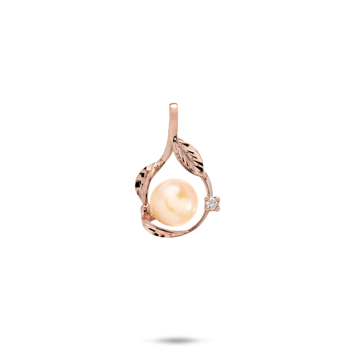 20mm Pick A Pearl Maile Pendant in Rose Gold with Diamond and Peach Pearl on a white background