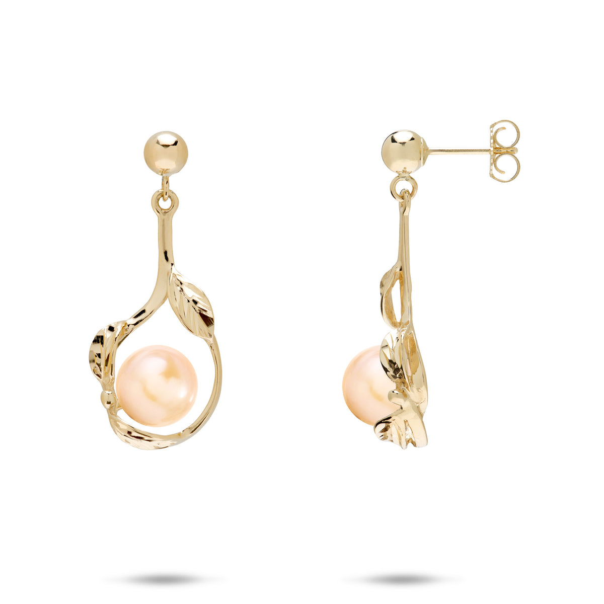23mm Pick A Pearl Maile Earrings in 14k yellow Gold with Peach Pearls on a white background
